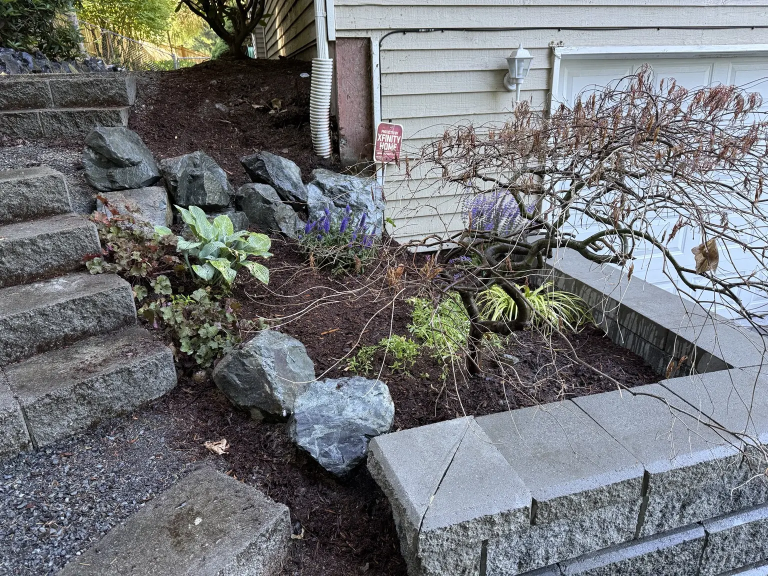 Completed retaining block wall with replanted bed beside the entrance steps